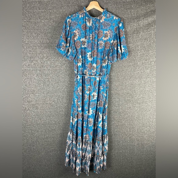 Nature Blue Floral Tiered Maxi Dress L Boho Cottagecore Puff Sleeve Beachy - Picture 6 of 12